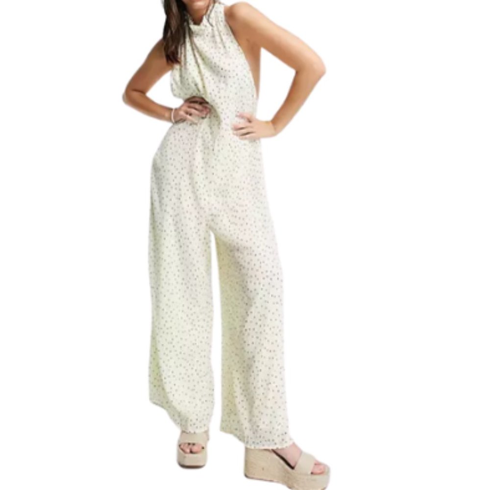 NWT Skylar Rose halter neck wide leg jumpsuit in spot print | White Spot | Large
